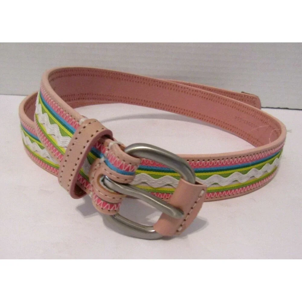 Vintage Izod Pastel Ribbon Leather Belt Pink Rickrack Y2K Preppy 2000s Size M